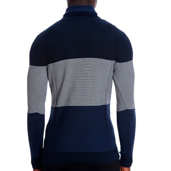 LCR Mens Ribbed Sweater Navy Blue Colorblock Slim Fit Shawl Collar Various Sizes - Picture 2 of 16